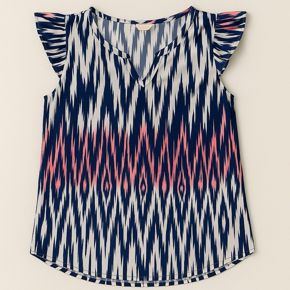Women's Flutter Sleeve Ikat Print Blouse – Size M – Navy Coral White